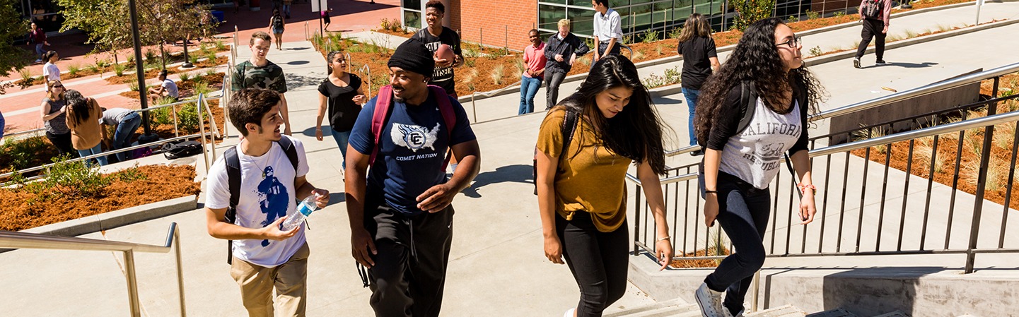 Students walking up steps