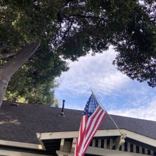 house with American flag and tree