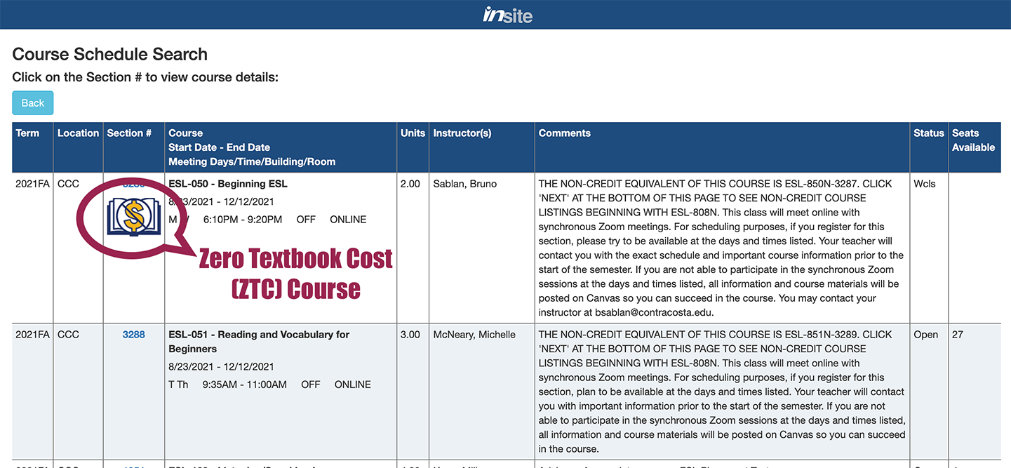 Zero Cost Textbooks in course schedule search