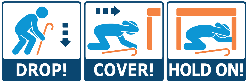Three-step illustration for cane users: DROP! a person with a cane lowers down; COVER! the person covers their head and neck next to a table, cane nearby; HOLD ON! the person holds on under a table, cane nearby.