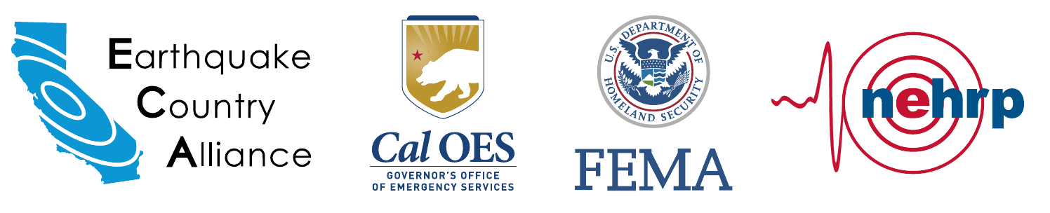Logos of the Earthquake Country Alliance, Cal OES, FEMA, and NEHRP.