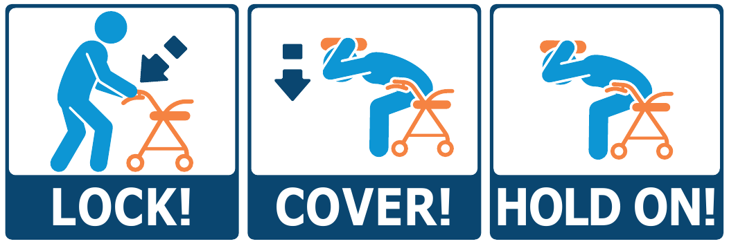 Three-step illustration for walker users: LOCK! the wheels of the walker; COVER! bend over the walker and cover head and neck; HOLD ON! stay in position until the shaking stops.