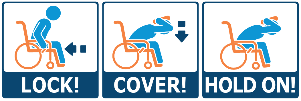 Three-step illustration for wheelchair users: LOCK! the wheelchair wheels; COVER! bend over and cover head and neck; HOLD ON! stay in position until the shaking stops.